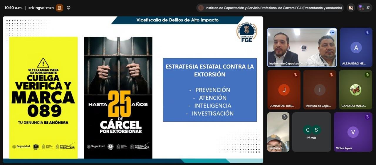 Capacitación virtual de la FGE sobre extorsión dirigida a personal investigador y administrativo en Morelia, Michoacán