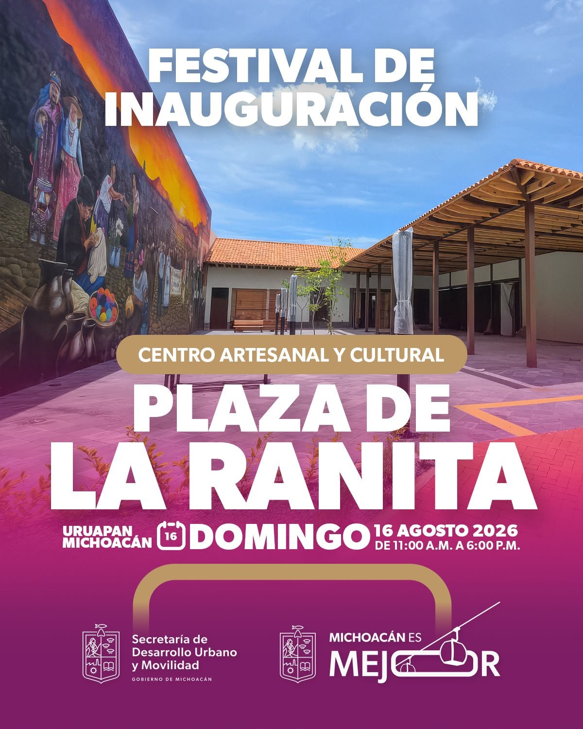 Plaza de La Ranita en Uruapan tras su inauguración: fachada restaurada del antiguo Cine Odeón, mural monumental visible, familias y artesanos en actividades al aire libre