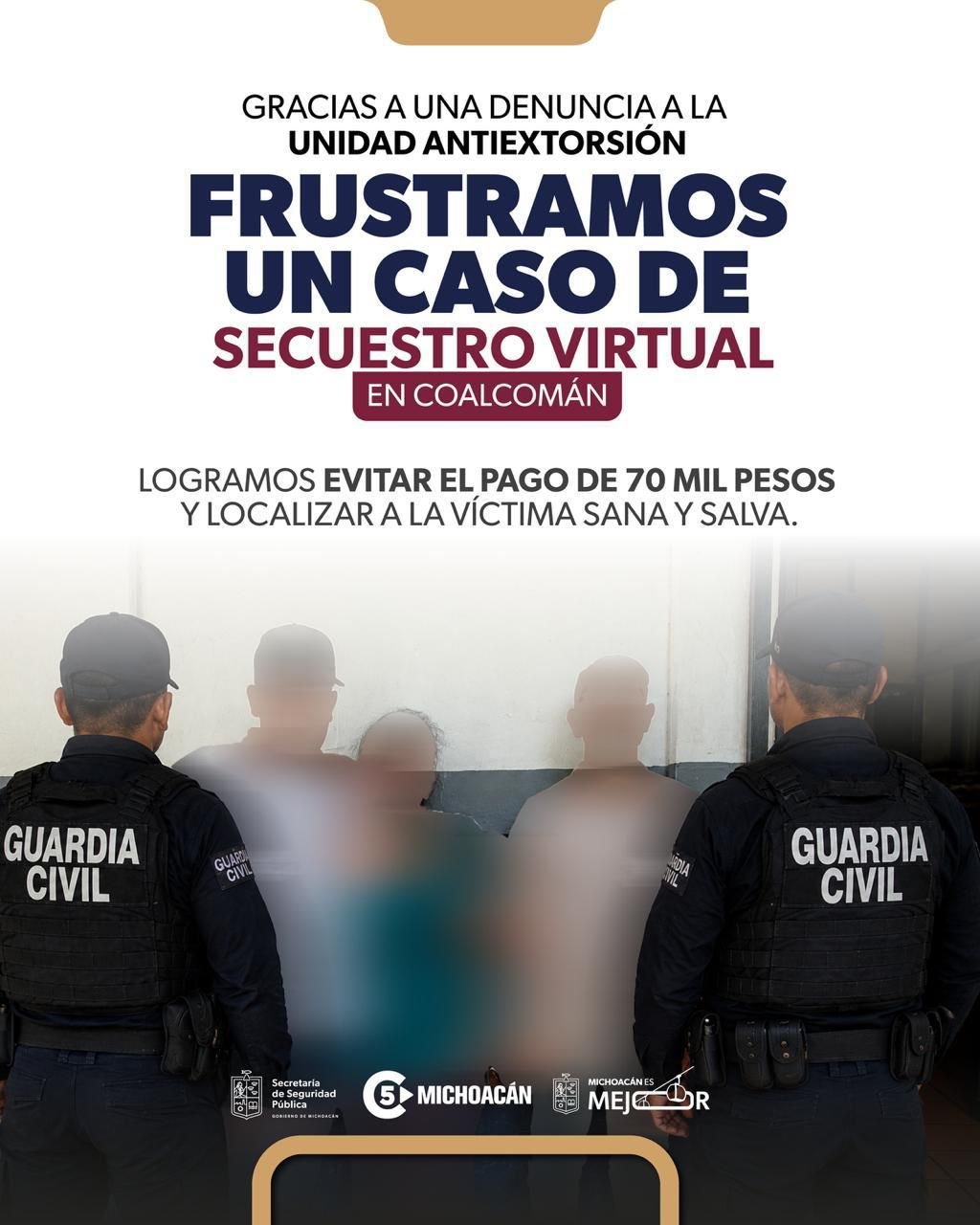 Ilustración simbólica de una persona usando teléfono móvil junto a un escudo policial y el mapa de Michoacán, con tonos azules y amarillos