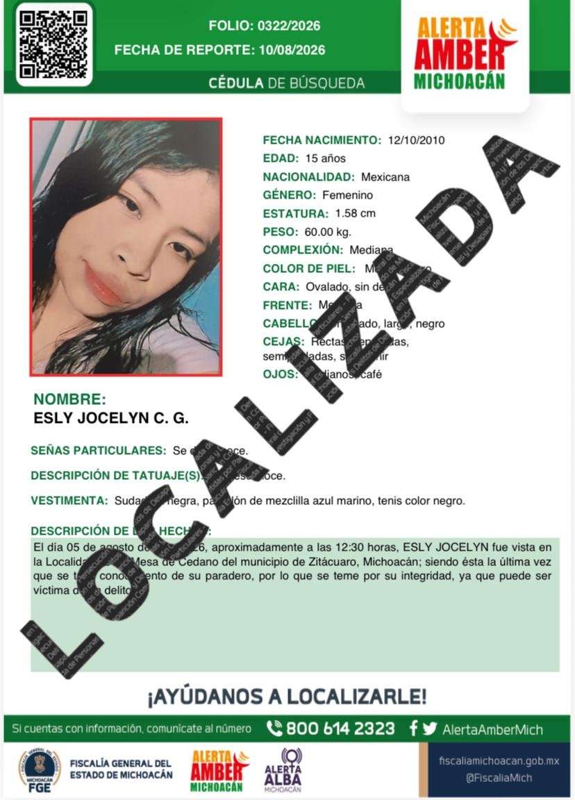 Logotipo de la Fiscalía General del Estado de Michoacán junto a una ilustración simbólica de una adolescente siendo acompañada por personal de la PDI en Zitácuaro