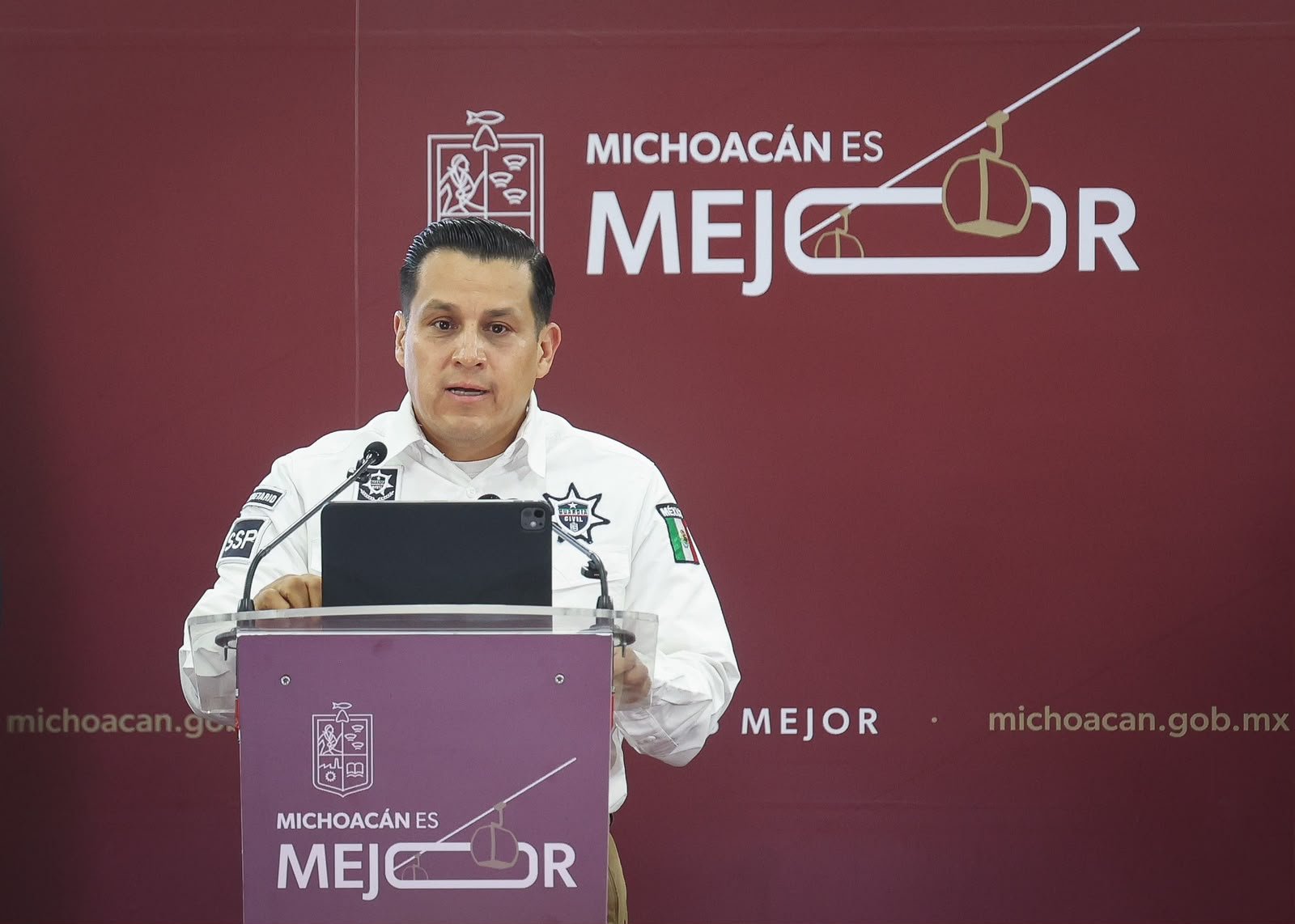 Infografía oficial del Gobierno de Michoacán mostrando cifras de armas aseguradas y reducción del homicidio doloso en 2025