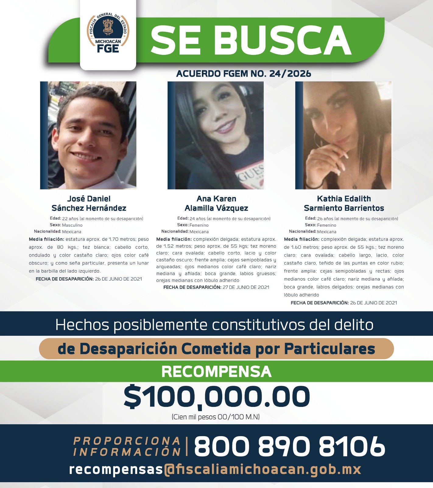Logotipo oficial de la Fiscalía General del Estado de Michoacán junto a texto que indica recompensa por información sobre desaparecidos