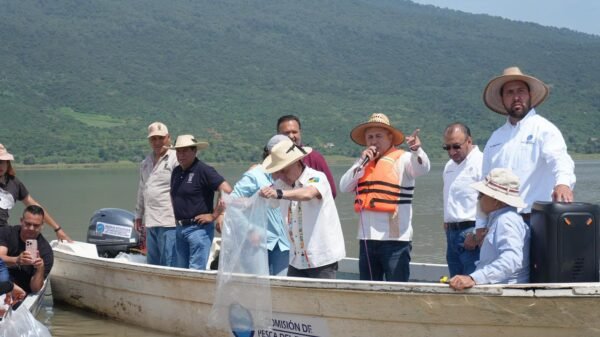 Personal de Compesca liberando crías de pez blanco en el lago de Pátzcuaro, con el paisaje lacustre al fondo