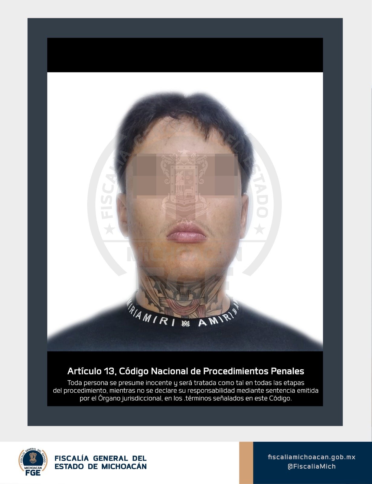 Logotipo de la Fiscalía General del Estado de Michoacán junto a elementos gráficos que simbolizan justicia y combate al narcotráfico