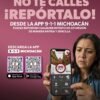 Logotipo de la SSP Michoacán junto a teléfono móvil mostrando una llamada entrante con lada local y advertencia visual de riesgo de extorsión
