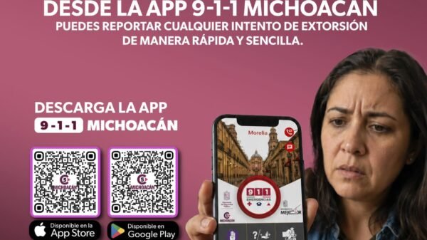 Logotipo de la SSP Michoacán junto a teléfono móvil mostrando una llamada entrante con lada local y advertencia visual de riesgo de extorsión