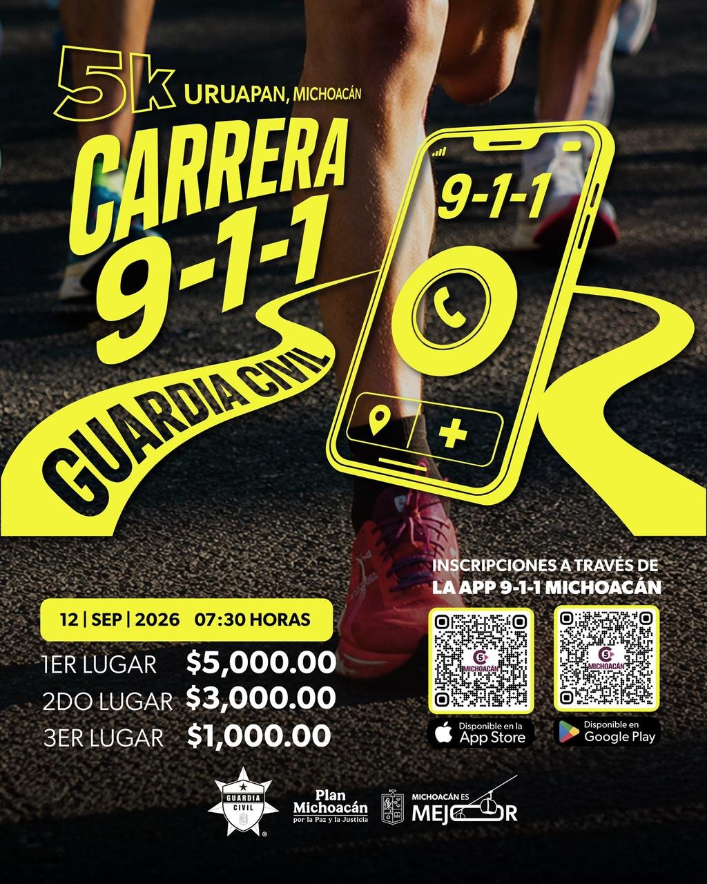 Logotipo de la Carrera 5K 9-1-1 con fecha 12 de septiembre y ubicación Uruapan, Michoacán