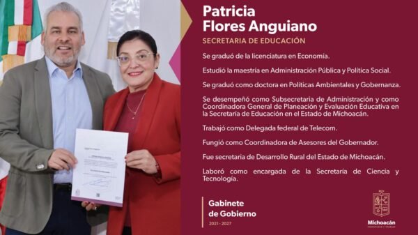 Retrato formal de Patricia Flores Anguiano, nueva secretaria de Educación de Michoacán, en un entorno institucional
