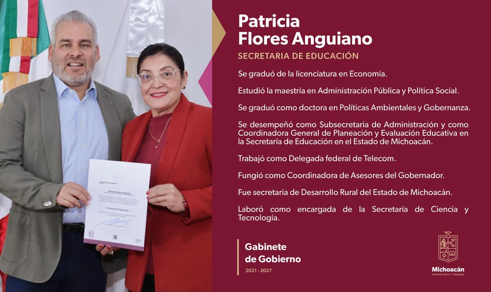 Retrato formal de Patricia Flores Anguiano, nueva secretaria de Educación de Michoacán, en un entorno institucional