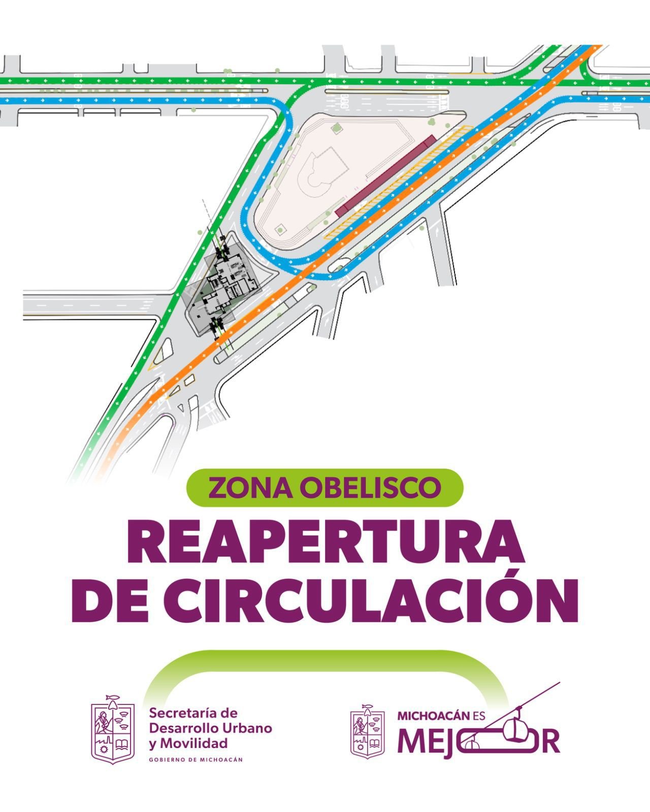 Vista aérea de la intersección de calzada La Huerta y avenida Madero Poniente en Morelia, con el Obelisco al fondo y señalización vial actualizada