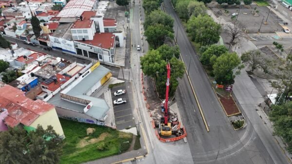 Trabajadores municipales y personal de Sedum plantando árboles jóvenes en una avenida de Morelia, con señalética del proyecto Morebús al fondo