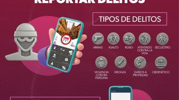 Captura de pantalla de la app 911 Michoacán mostrando su interfaz principal con íconos de teléfono, botón SOS y menú de categorías como Delito, Accidente e Incendio