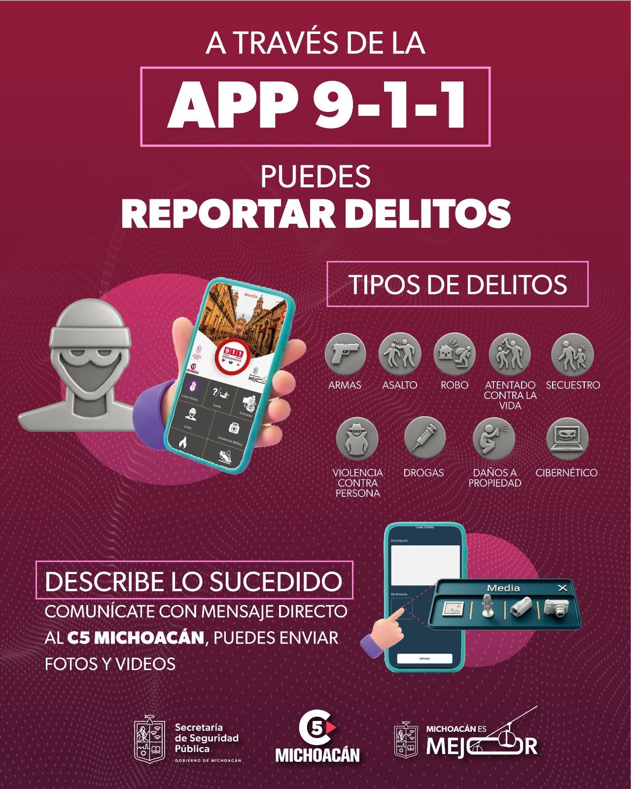 Captura de pantalla de la app 911 Michoacán mostrando su interfaz principal con íconos de teléfono, botón SOS y menú de categorías como Delito, Accidente e Incendio