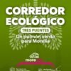 Ilustración de árboles urbanos en Tres Puentes con señalización de trasplante y corredor ecológico en desarrollo