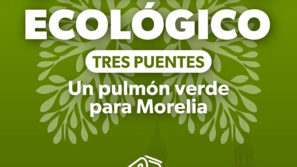 Ilustración de árboles urbanos en Tres Puentes con señalización de trasplante y corredor ecológico en desarrollo
