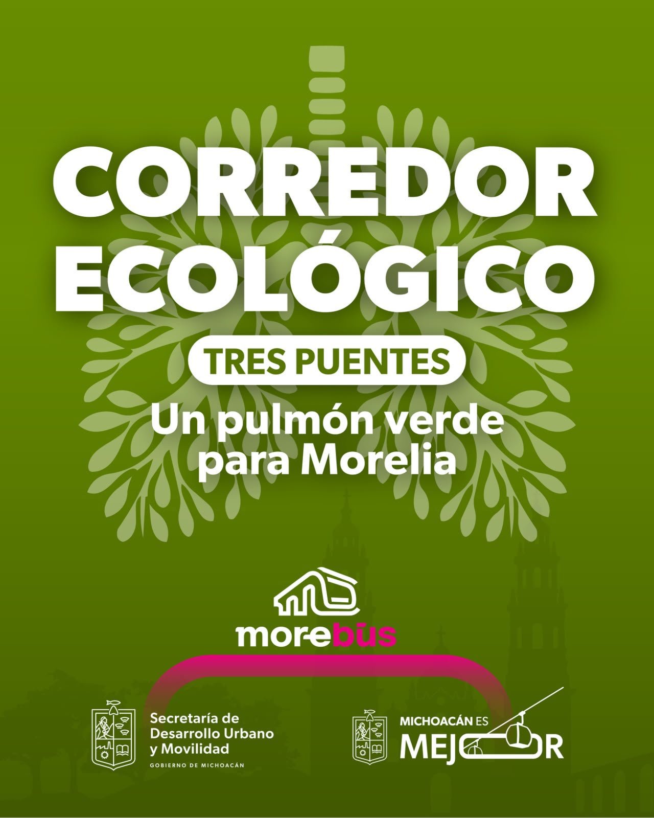 Ilustración de árboles urbanos en Tres Puentes con señalización de trasplante y corredor ecológico en desarrollo
