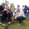 Voluntarios plantando árboles en el fraccionamiento Villas del Pedregal, como parte de la reforestación de la ruta del Morebús