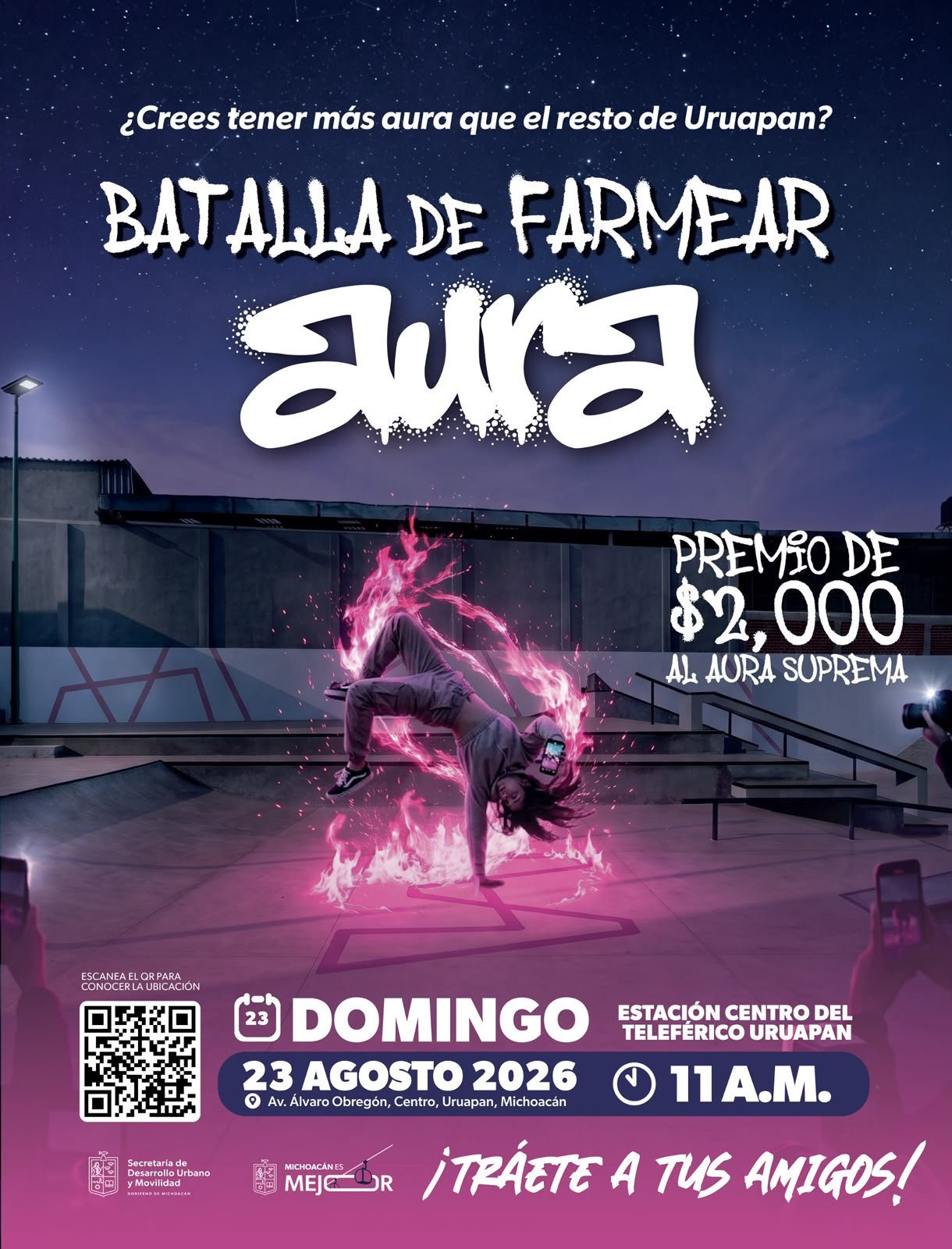 Jóvenes participando en una batalla de aura en la estación Centro del teleférico de Uruapan, con ambiente festivo y energía positiva