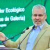 Árboles en la zona de Tres Puentes, con señalización y equipo de obra para el proyecto Morebús en el fondo