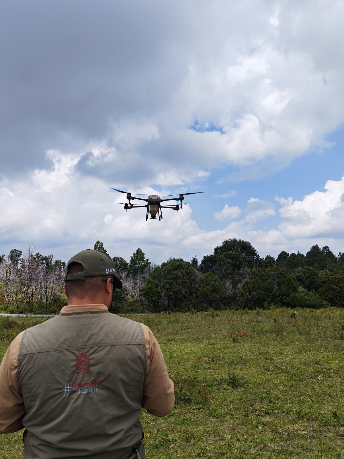 Drone dispersando germoesferas sobre terreno montañoso en el Cerro Somera, Tlalpujahua, Michoacán