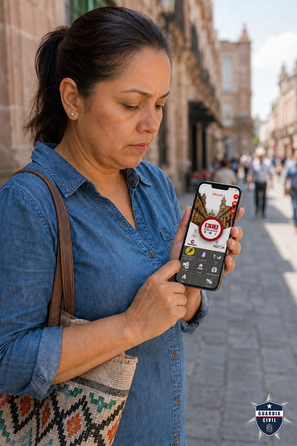 Aplicación móvil 911 Michoacán mostrando alerta de llamada sospechosa en pantalla de smartphone, con íconos de seguridad y ubicación