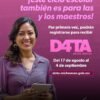 Logotipo oficial del programa D4TA Datos Gratis junto a imágenes simbólicas de conexión digital, docentes y dispositivos móviles en contexto educativo michoacano