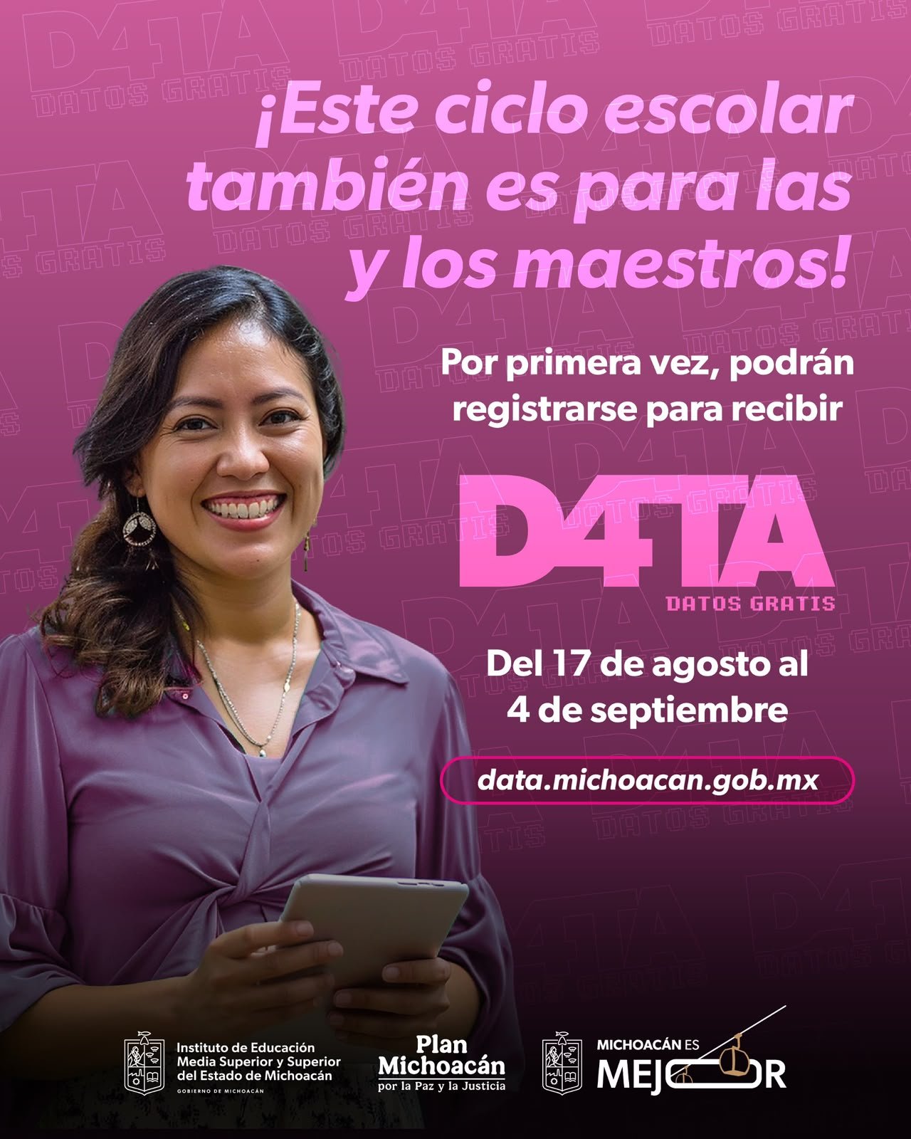 Logotipo oficial del programa D4TA Datos Gratis junto a imágenes simbólicas de conexión digital, docentes y dispositivos móviles en contexto educativo michoacano