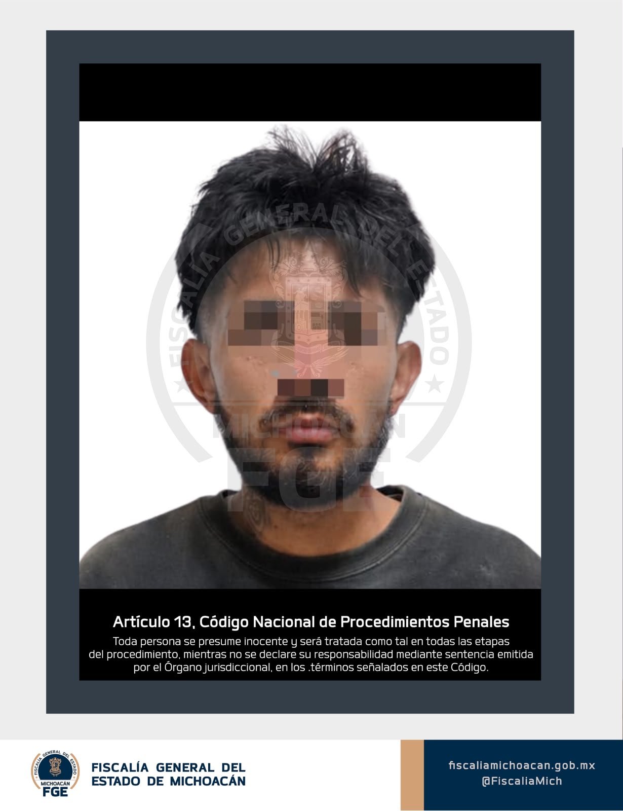 Logotipo de la Fiscalía General del Estado de Michoacán junto a elementos visuales simbólicos de justicia y seguridad pública