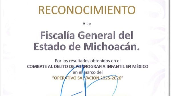 Logotipos de la Fiscalía General del Estado de Michoacán y la Guardia Nacional junto a una ilustración simbólica de protección a la infancia