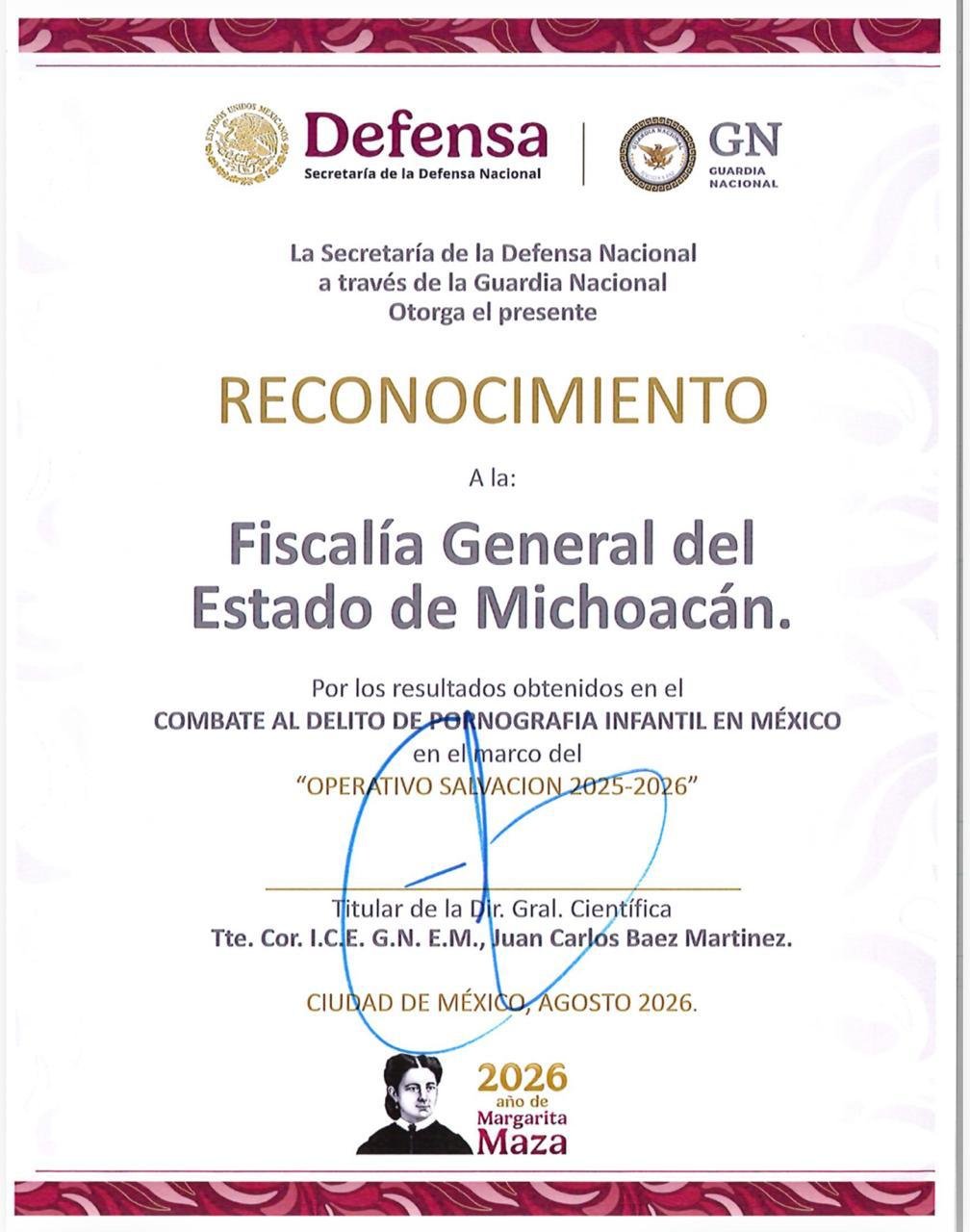 Logotipos de la Fiscalía General del Estado de Michoacán y la Guardia Nacional junto a una ilustración simbólica de protección a la infancia