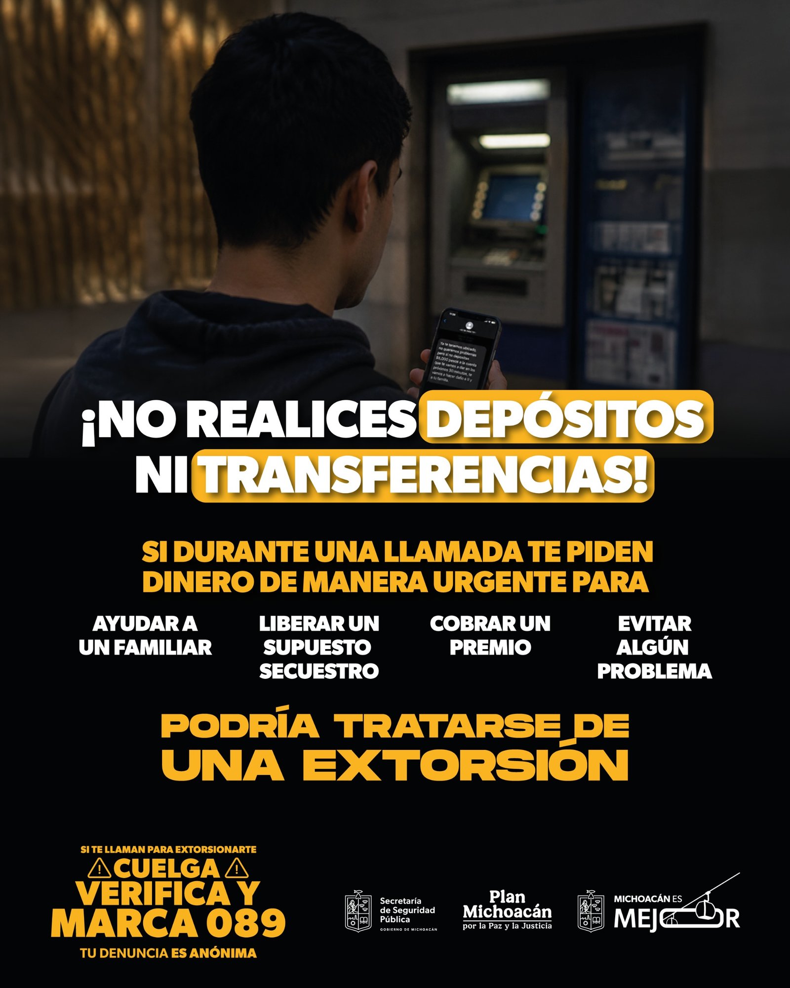 Ilustración gráfica de un teléfono móvil con icono de advertencia y los números 089, simbolizando la acción de colgar y marcar ante extorsión en Michoacán