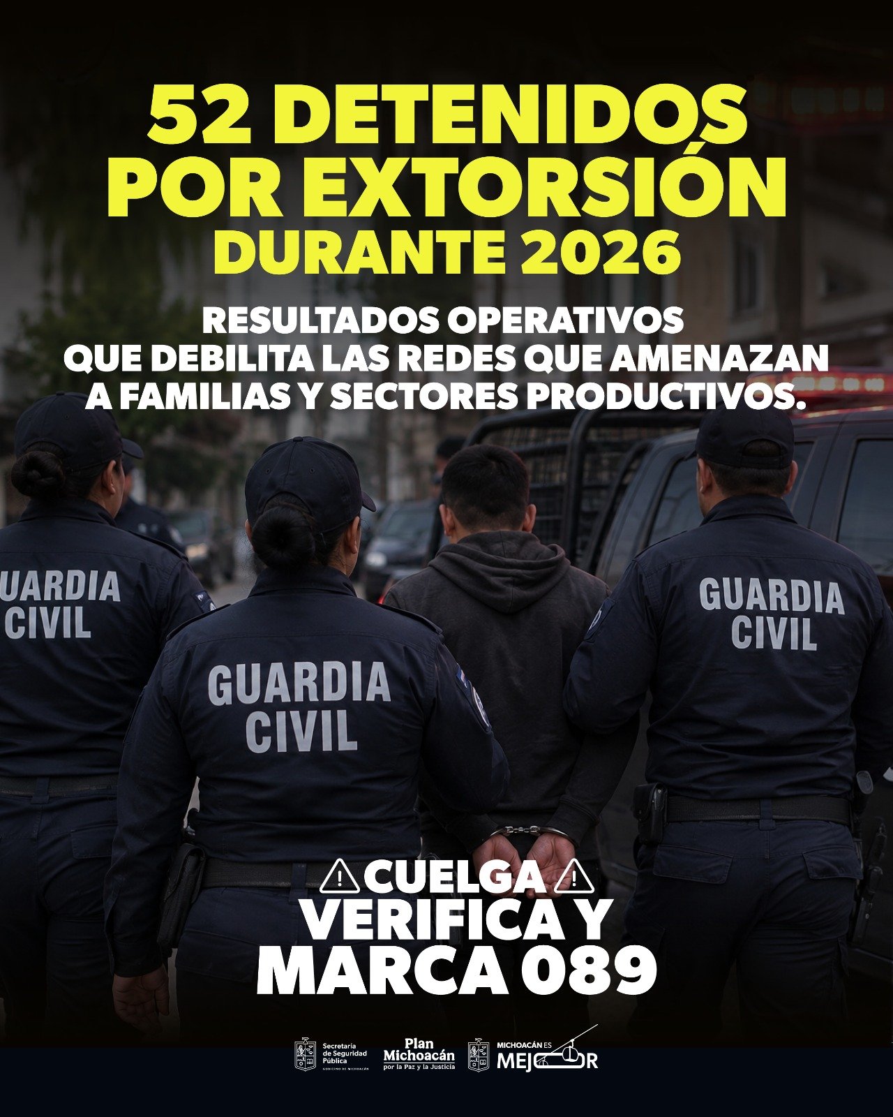 Logotipo oficial de la Secretaría de Seguridad Pública de Michoacán junto a mensaje 'Cancela la Extorsión' y fondo con siluetas de ciudadanos protegidos