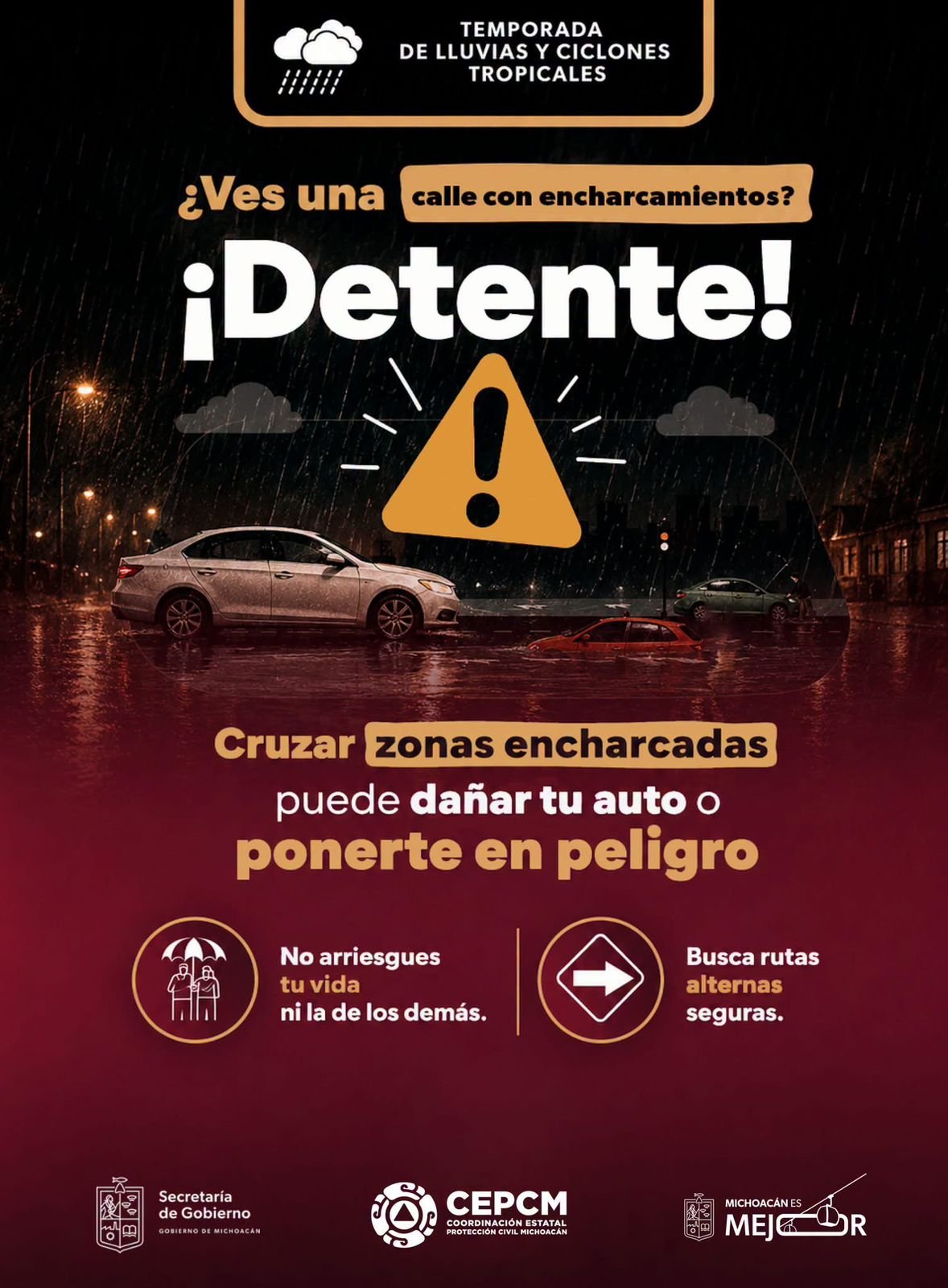 Ilustración de lluvia intensa sobre paisaje montañoso de Michoacán, con símbolos de kit de emergencia y señal de advertencia