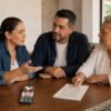 Ilustración de una familia conversando frente a un teléfono, con íconos de protección y alerta contra extorsión