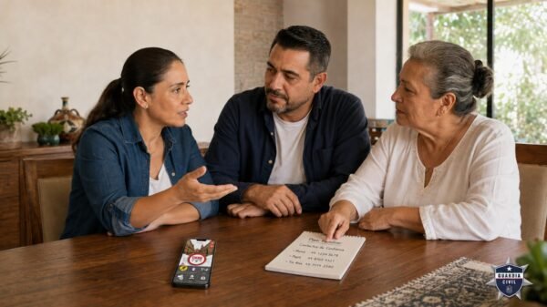 Ilustración de una familia conversando frente a un teléfono, con íconos de protección y alerta contra extorsión