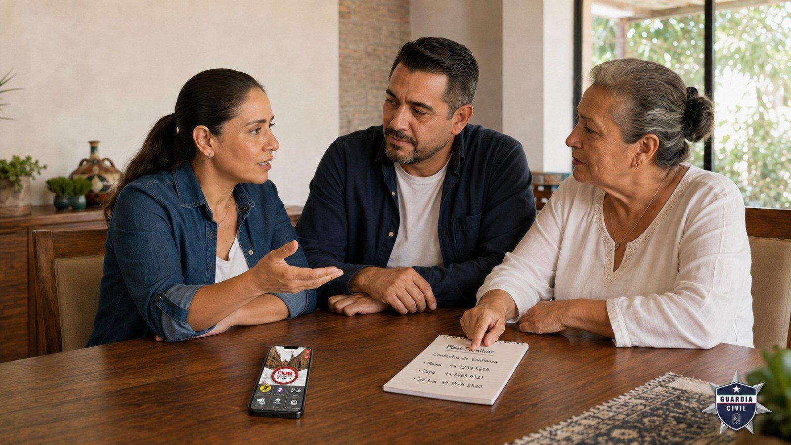 Ilustración de una familia conversando frente a un teléfono, con íconos de protección y alerta contra extorsión