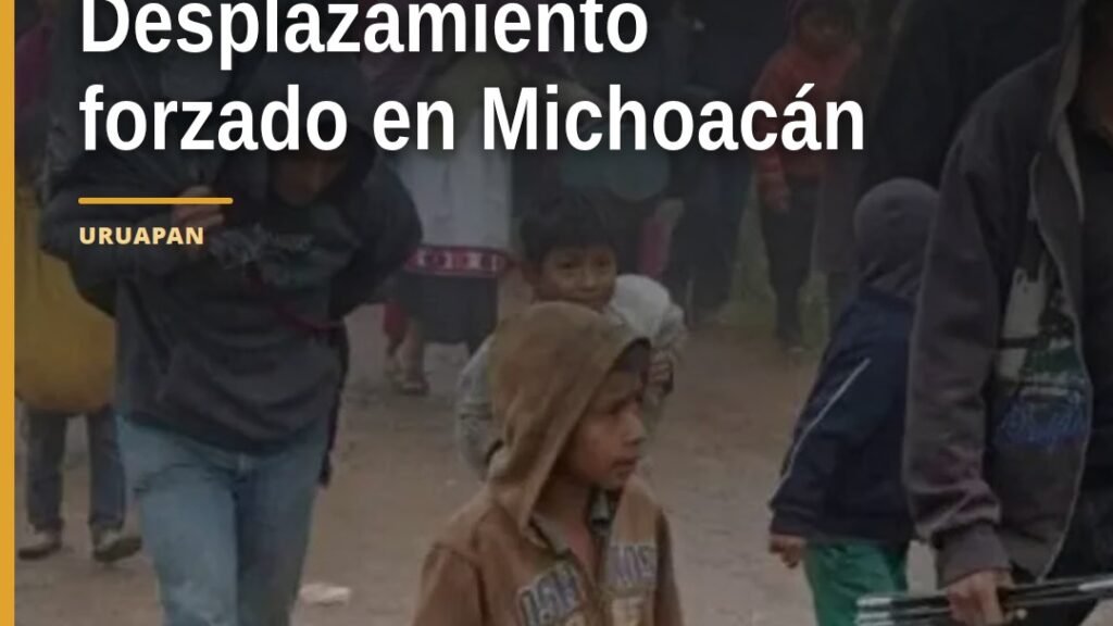 Mapa de Michoacán con marcadores en Uruapan, Zamora y Tumbiscatío, junto a iconos de vivienda y desplazamiento forzado