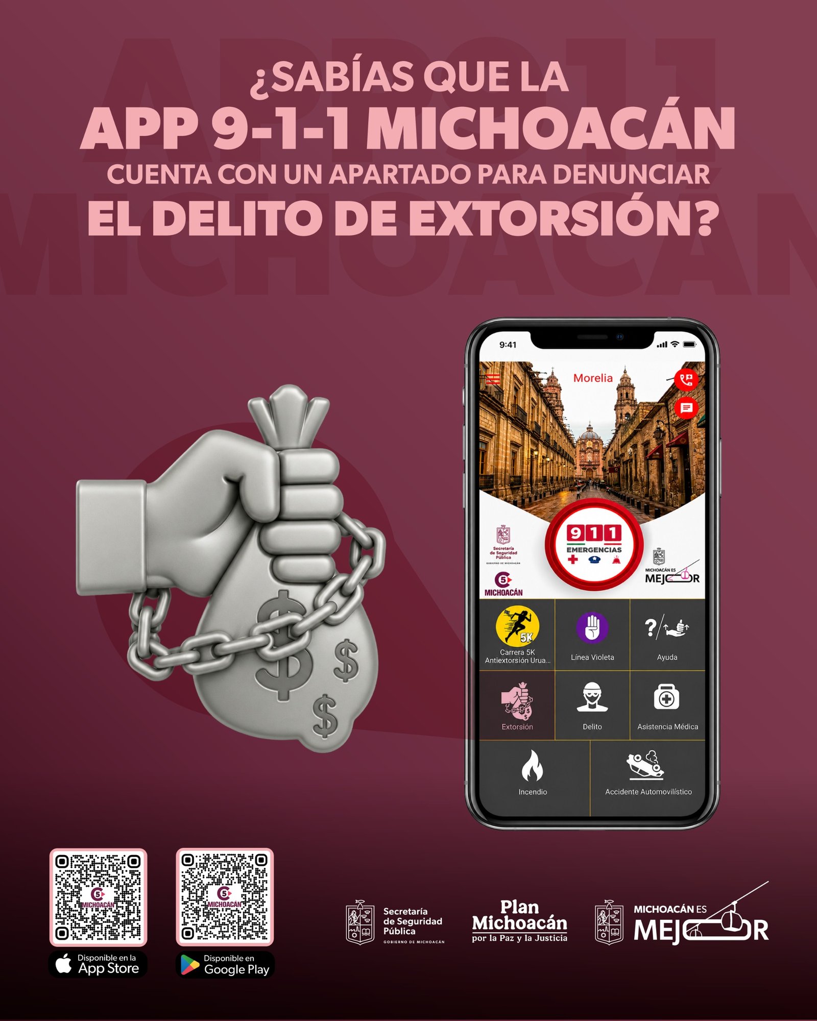 Captura de pantalla de la app 911 Michoacán mostrando el apartado 'Extorsión' en funcionamiento en un teléfono móvil