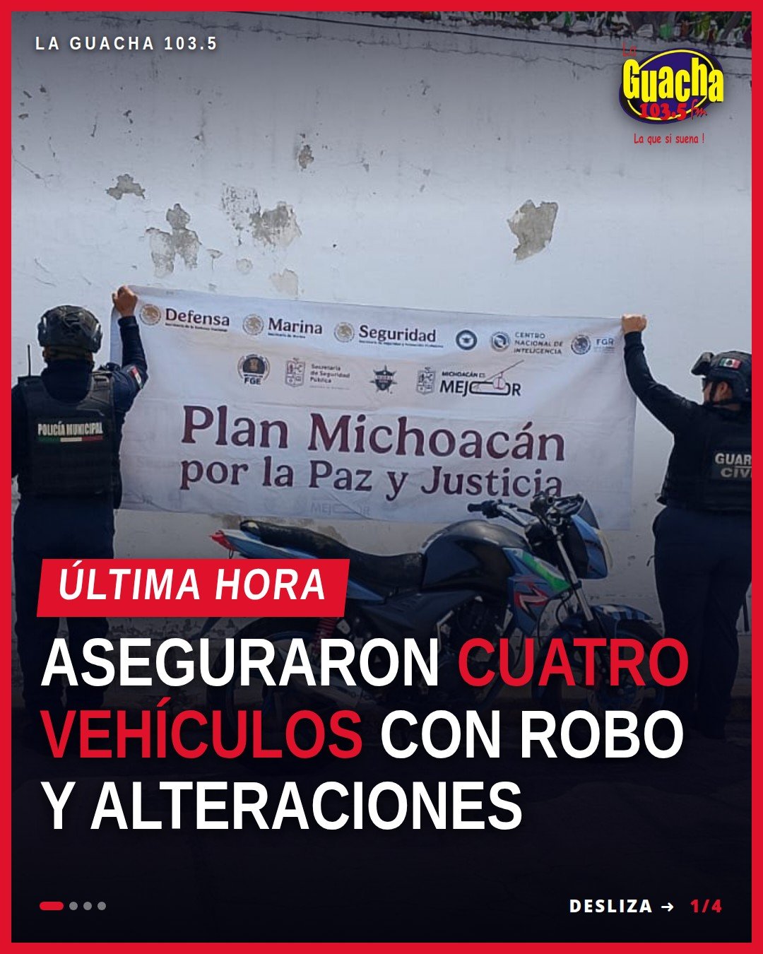 Imagen ilustrativa de cuatro vehículos asegurados: una camioneta Jeep gris y tres motocicletas Italika (roja, azul con negro