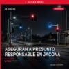 Imagen simbólica de una balanza de justicia y fondo con la silueta de Jacona, Michoacán, relacionada con el caso de