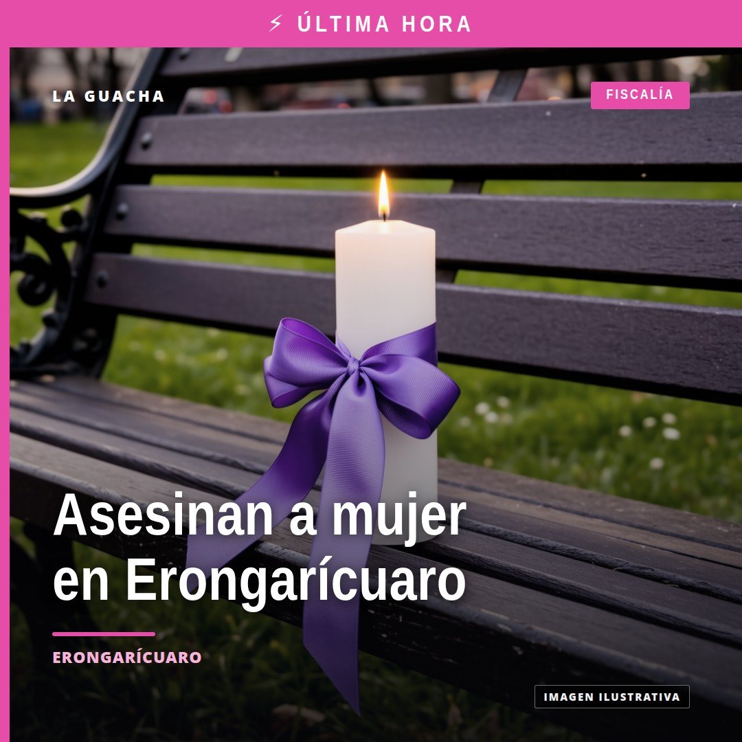 Ilustración simbólica de una camioneta y un arma de fuego junto al nombre 'Erongarícuaro', relacionada con el homicidio