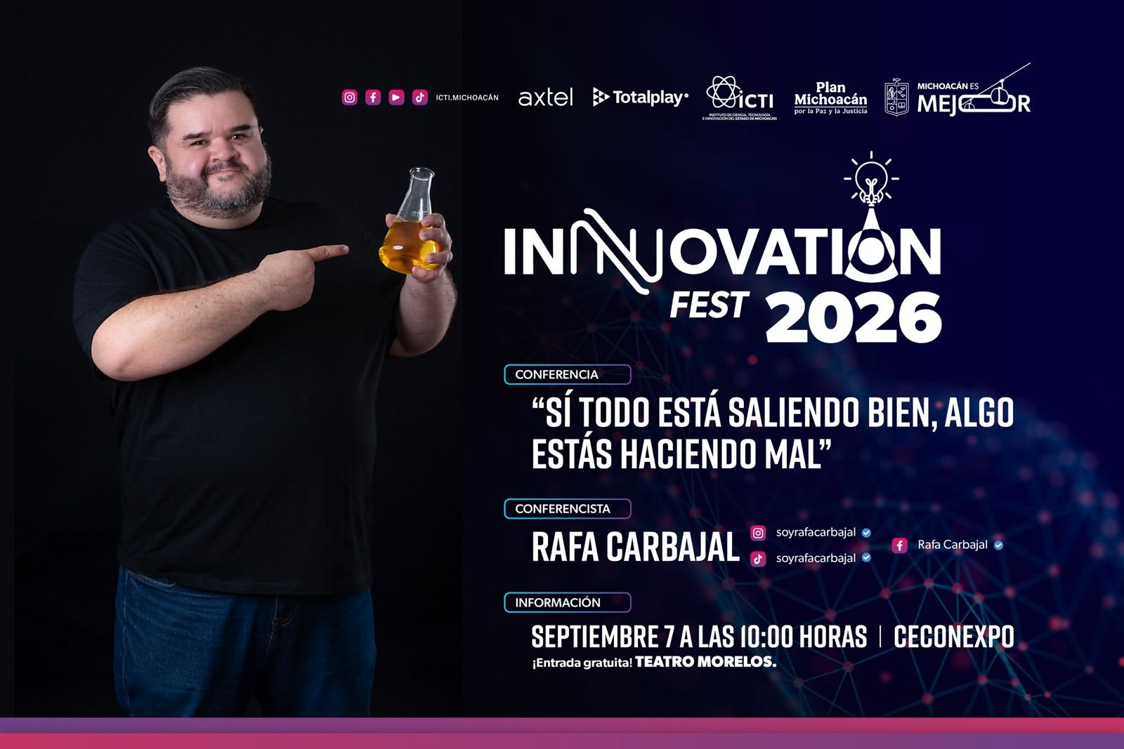 Rafa Carbajal hablando en un escenario moderno con logo de InnovationFest2026 y fondo de Ceconexpo Morelia