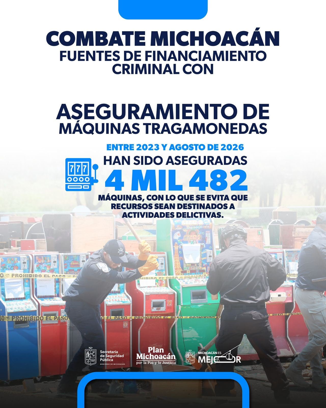 Operativo de la SSP de Michoacán asegurando múltiples máquinas tragamonedas en un establecimiento comercial