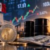 Gráfico de tendencia con símbolos de peso mexicano, petróleo y tasa de Banxico