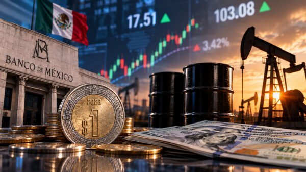 Gráfico de tendencia con símbolos de peso mexicano, petróleo y tasa de Banxico