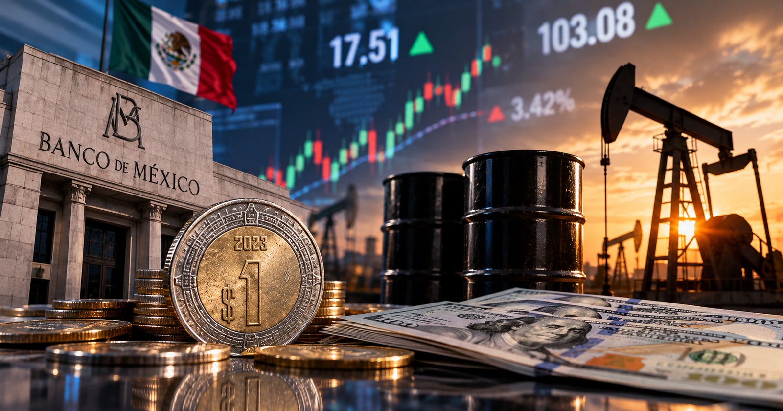 Gráfico de tendencia con símbolos de peso mexicano, petróleo y tasa de Banxico