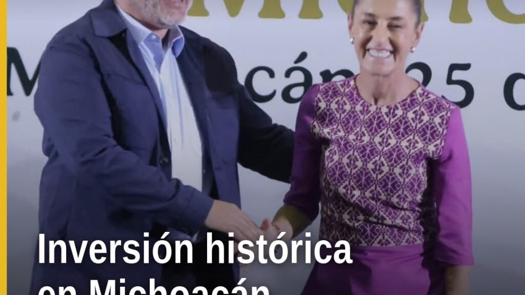Gobernador Bedolla y presidenta Sheinbaum en evento en Morelia con pancarta que menciona inversión histórica michoacán