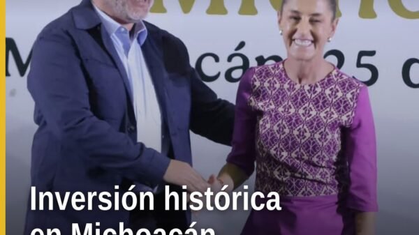Gobernador Bedolla y presidenta Sheinbaum en evento en Morelia con pancarta que menciona inversión histórica michoacán