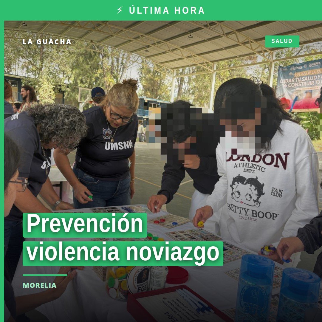 Personal de la FGE Michoacán interactuando con jóvenes durante actividad de prevención violencia noviazgo en la Preparatoria
