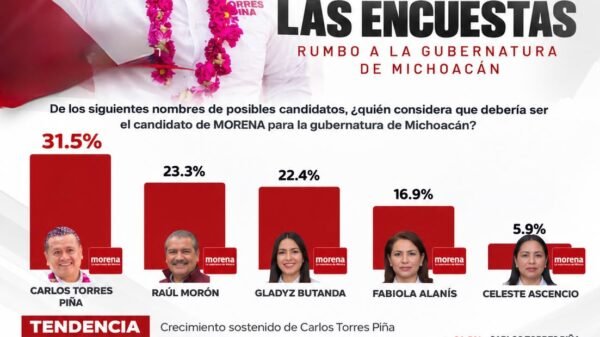 Gráfico de barras mostrando a Carlos Torres Piña michoacán con 31.5% de preferencias frente a otros aspirantes en encuesta